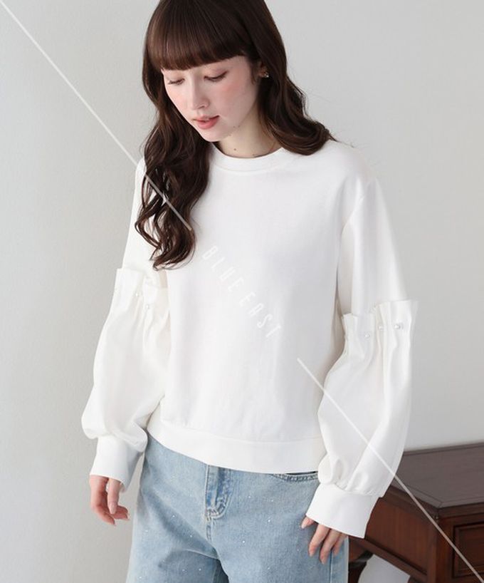 日本 BLUE EAST - 可愛珍珠皺摺造型寬版長袖上衣-黑