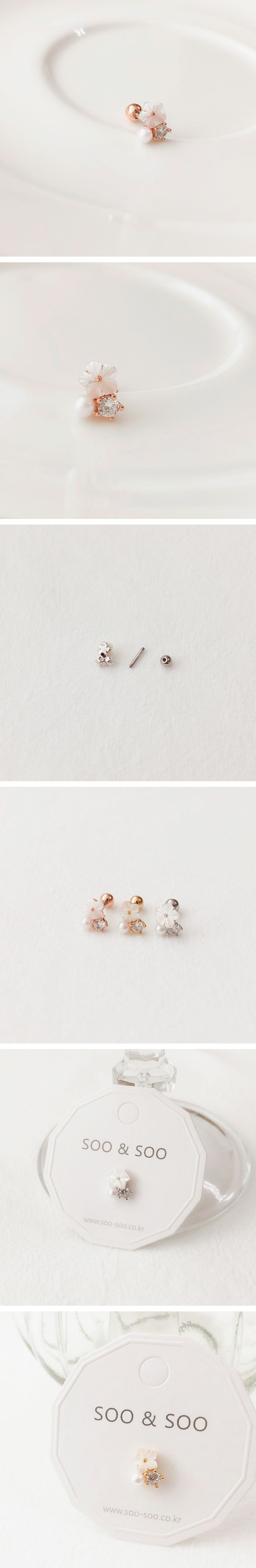 韓國 Soo&Soo - 綻放花型寶石耳釘耳環-轉珠-銀X白-單個