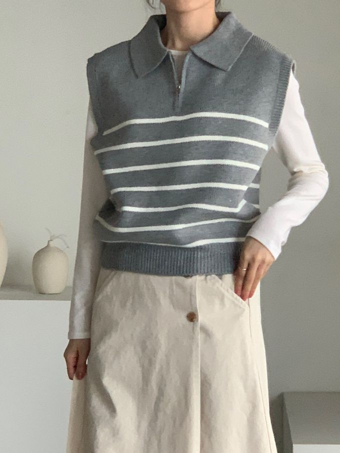 韓國女裝連線 - 拉鍊翻領條紋針織背心-灰 (FREE)