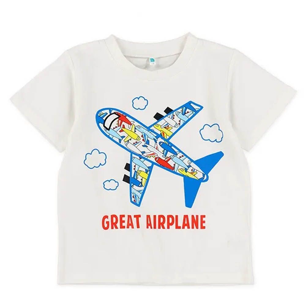 男孩風休閒印花短袖上衣-飛機-白