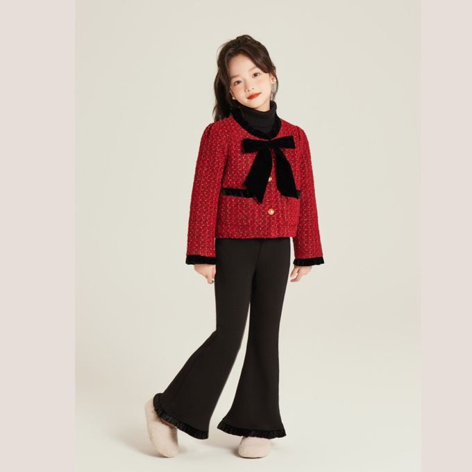 香風紅亮絲粗花呢外套配高腰喇叭褲 新年拜年喜氣小香風紅女童套裝