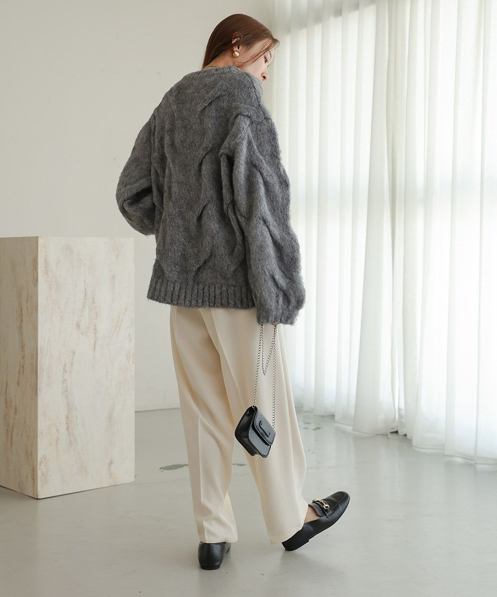 日本 Bab - 季節感立體麻花大寬袖針織上衣-深灰