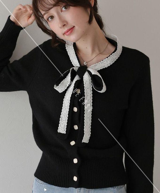 日本 BLUE EAST - 少女爛漫蕾絲蝴蝶結開襟衫-灰