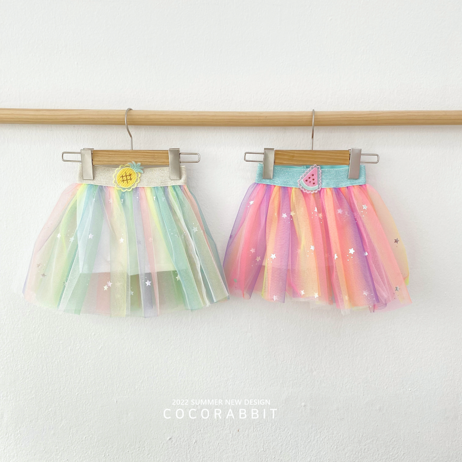 韓國 Coco rabbit - 鬆緊腰漸層彩虹星紗褲裙-西瓜