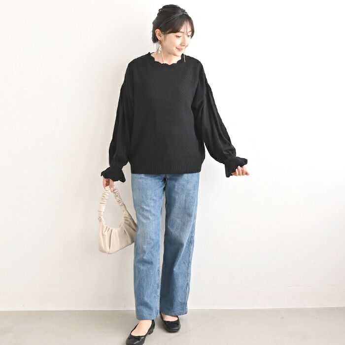 日本 ihuu - 氣質花瓣領糖果袖針織上衣-酒紅