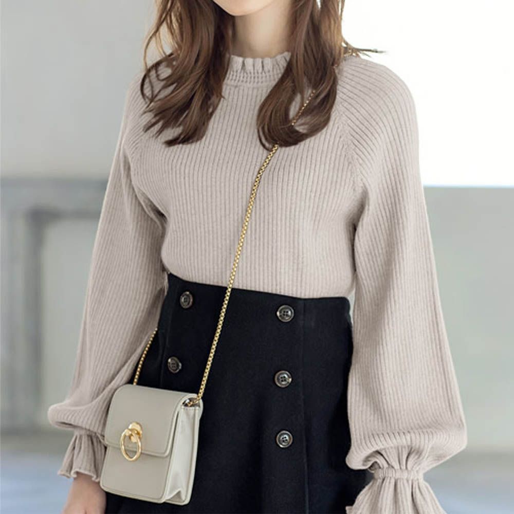 糖果袖荷葉領針織上衣-淺灰杏