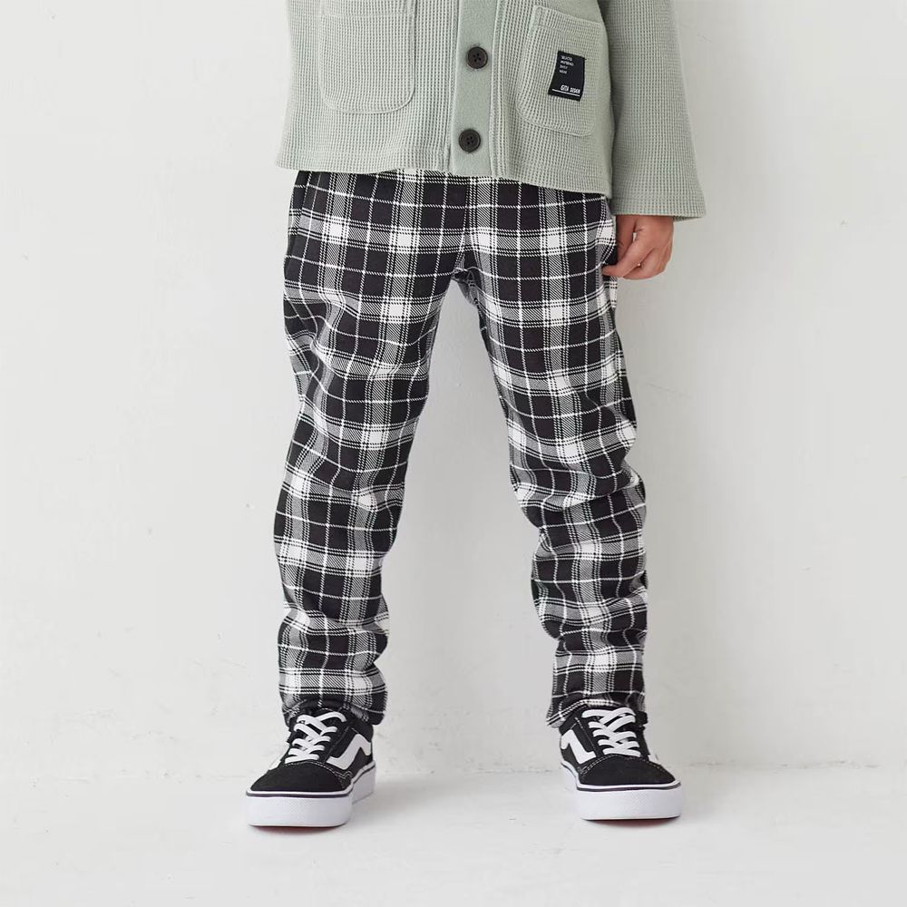 [包色推薦]毛絨內裏彈性長褲-格紋-黑白