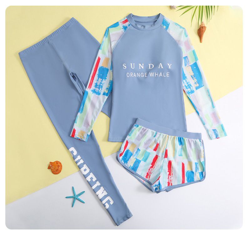 大童女孩速乾長袖泳衣套裝(三件組)-繽紛幾何-藍色-泳衣、長泳褲、短泳褲