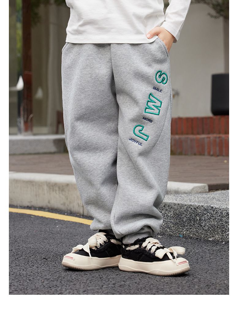 加絨腰鬆緊休閒保暖束口長褲-SMJ-淺灰色