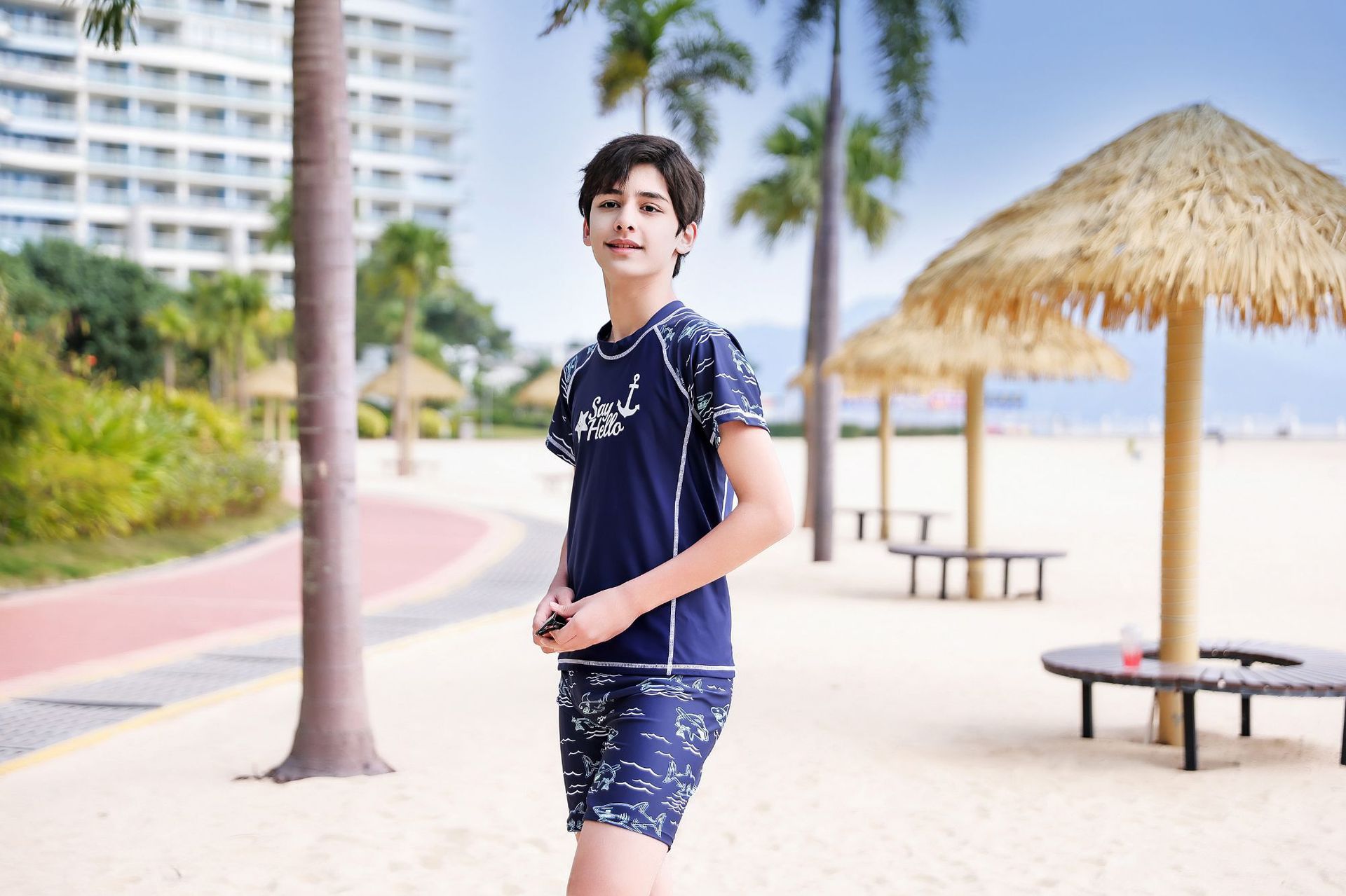 大童男孩短袖泳衣套裝(二件組)-星星船錨-淺藍色-泳衣、泳褲