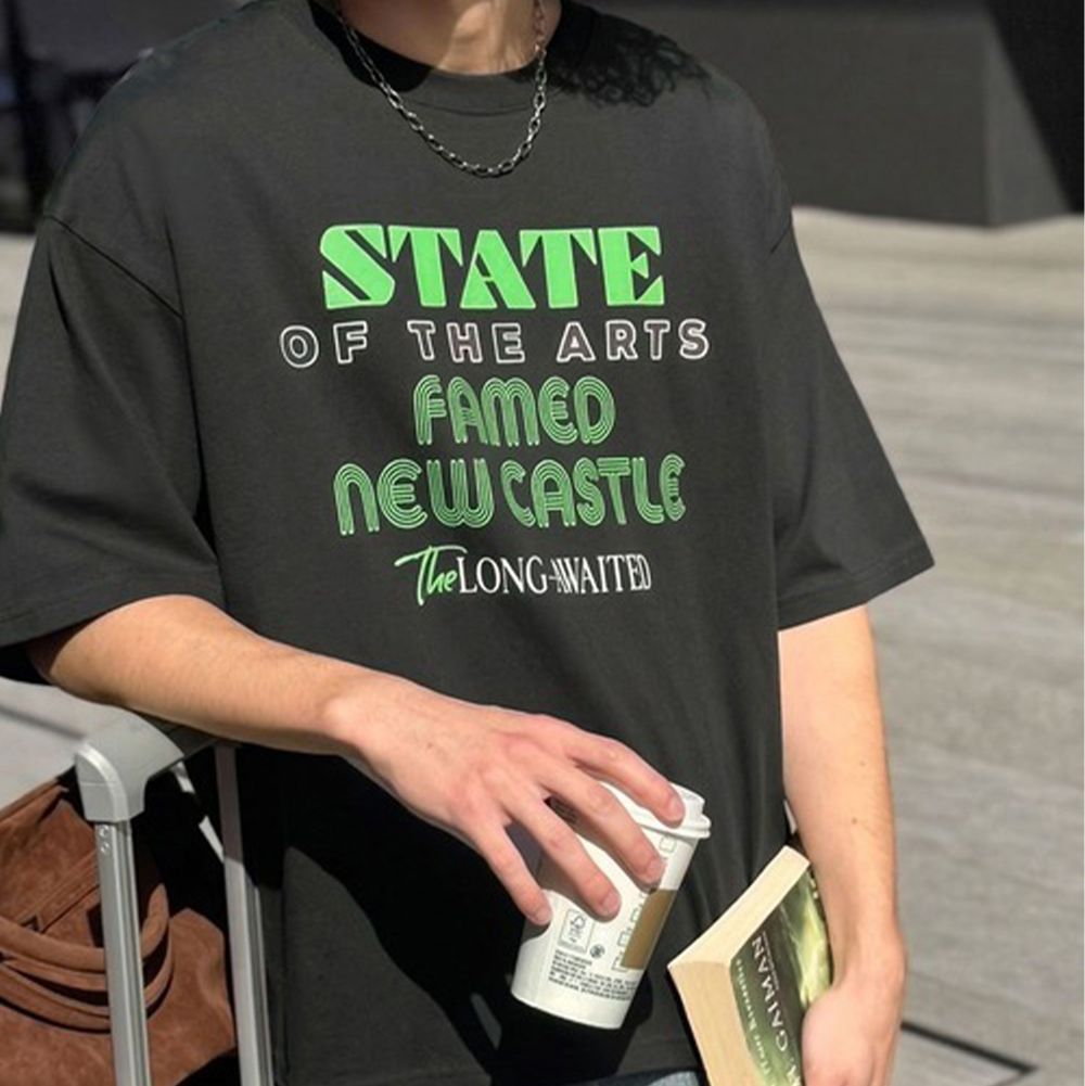 Java 帥氣英文撞色印花短袖上衣-(男女兼用)-炭灰