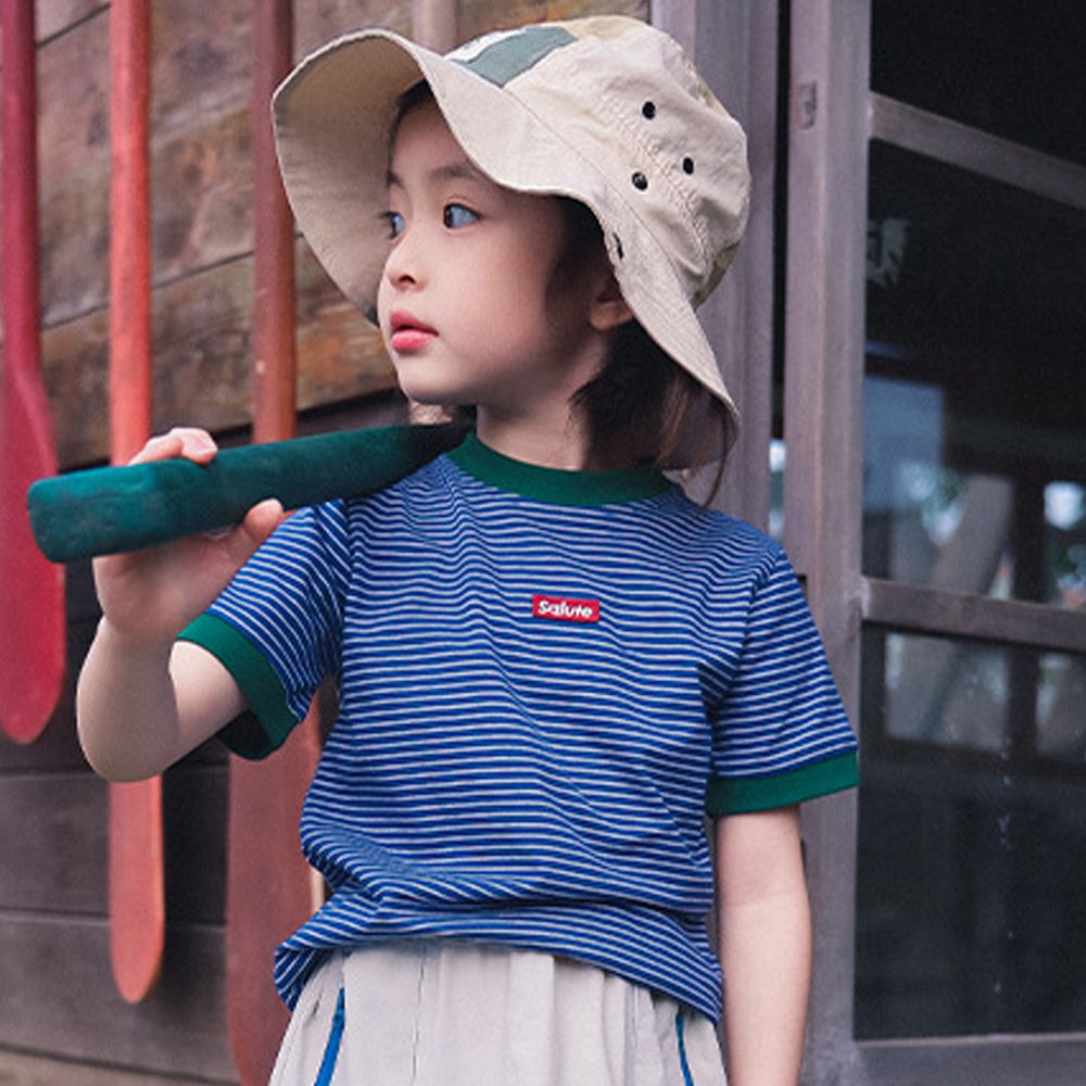 撞色條紋短袖上衣-活力藍