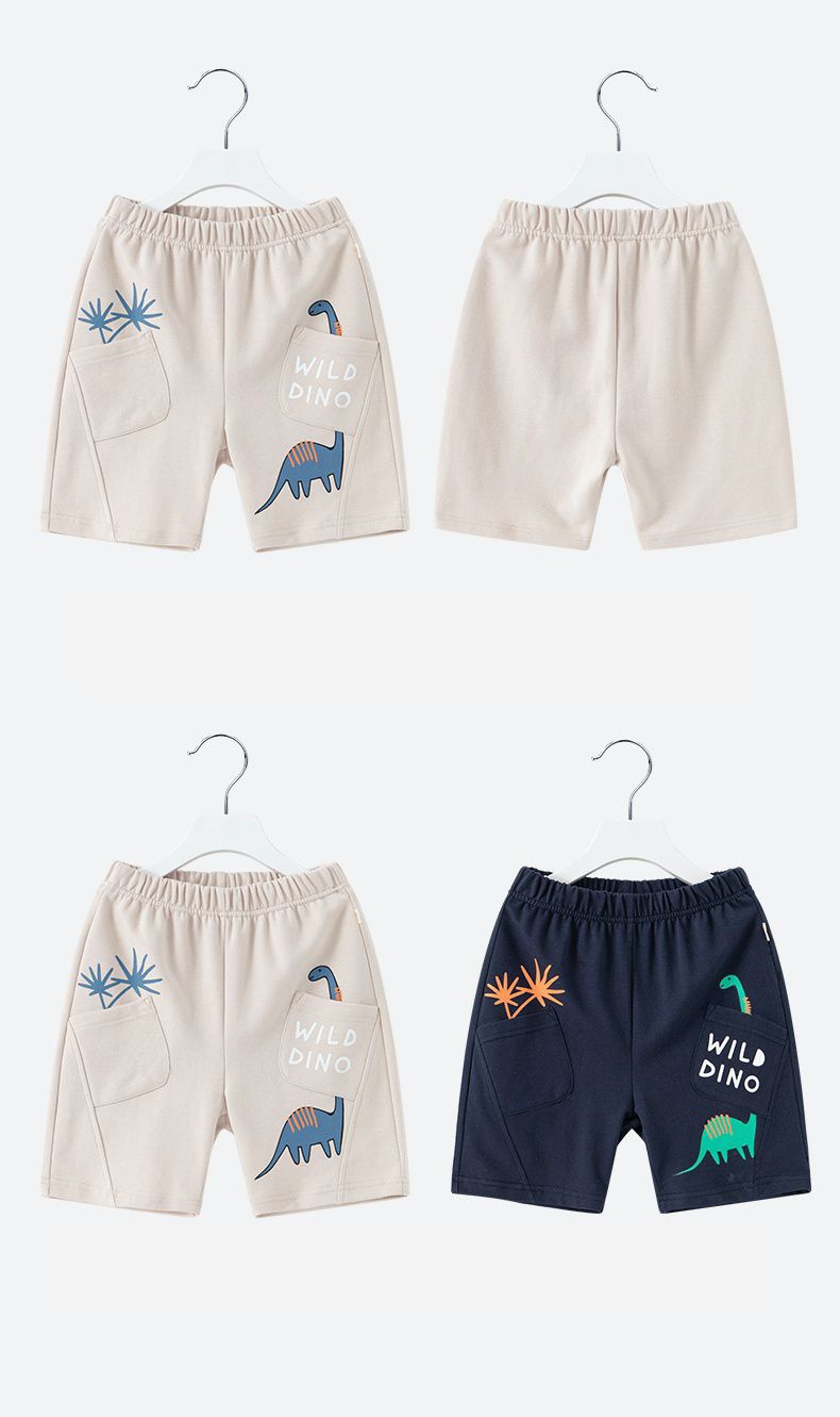 純棉休閒運動五分褲-長脖子恐龍-杏色