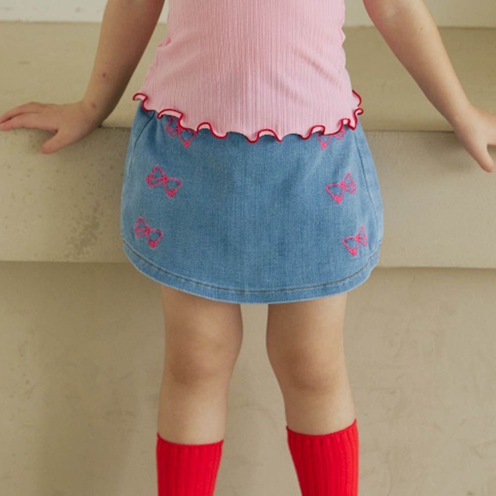 後鬆緊刺繡蝴蝶結丹寧褲裙-淺藍
