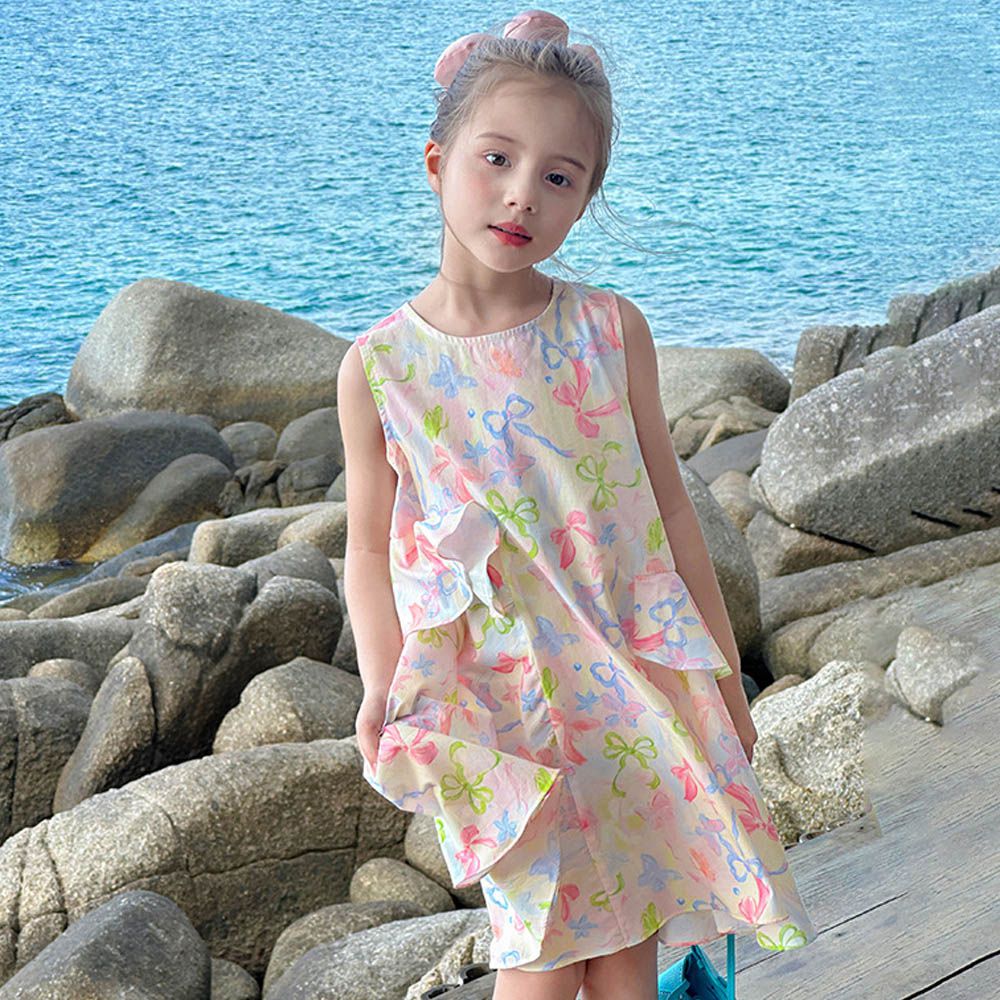 夢幻蝴蝶結荷葉邊無袖洋裝-粉色