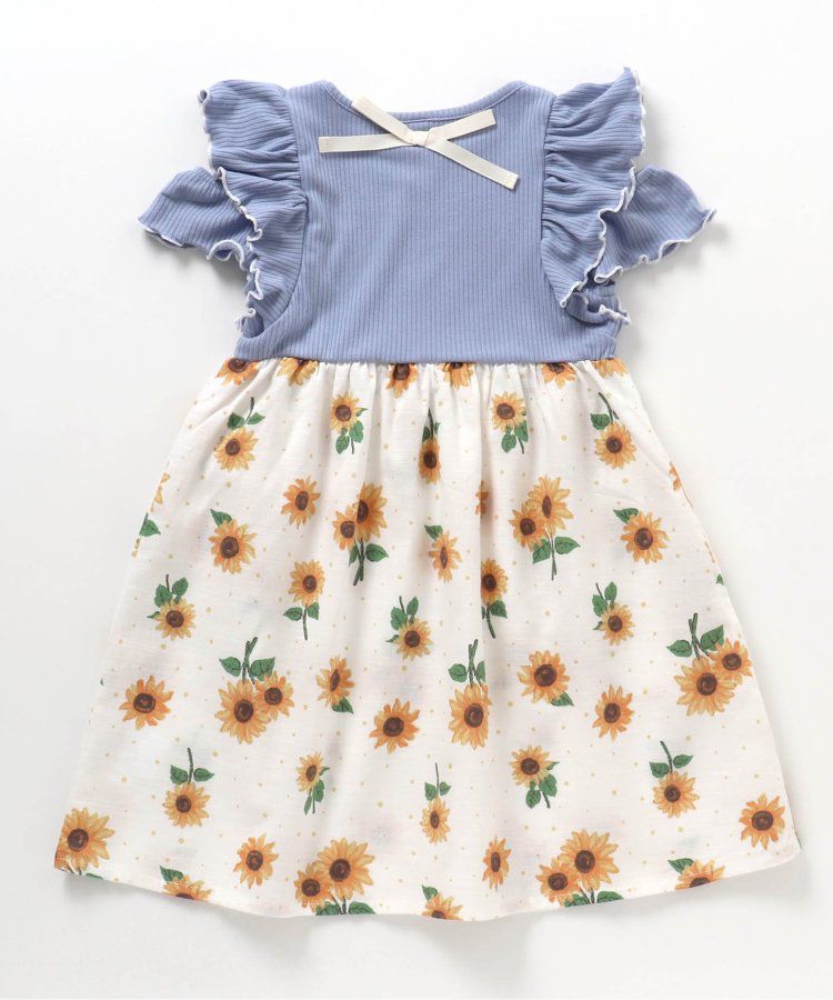 日本 apres les cours - 蓬鬆荷葉邊小露肩洋裝-向日葵-水藍x白