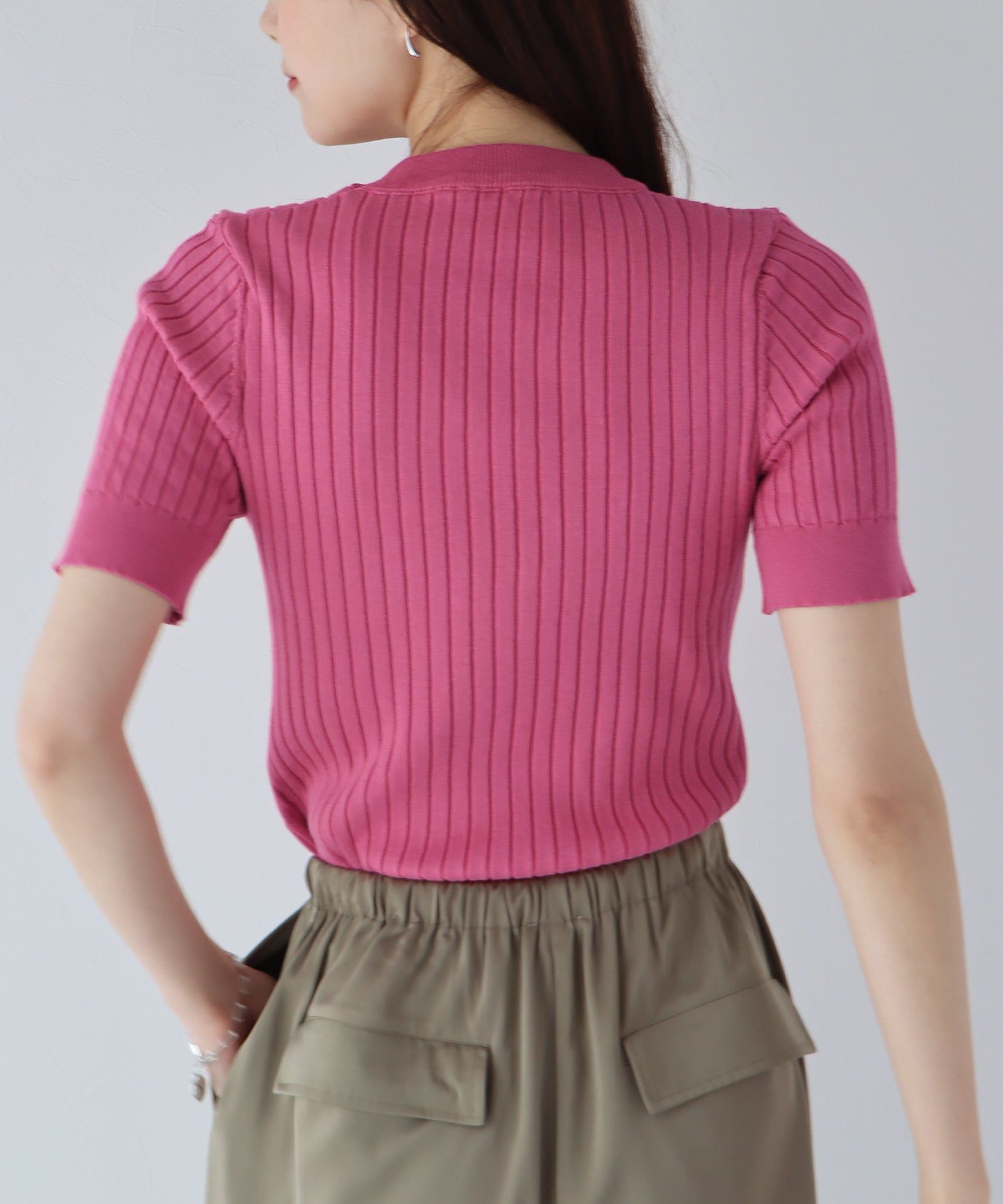 日本 BLUE EAST - 彈性寬羅紋薄針織短袖上衣-淺粉x白