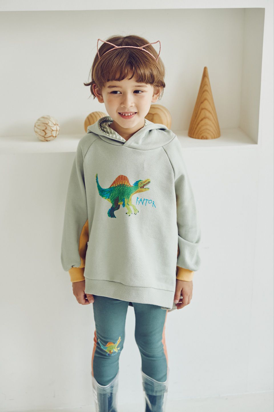 韓國 Mimico - 手繪恐龍立體造型連帽上衣-淺灰綠