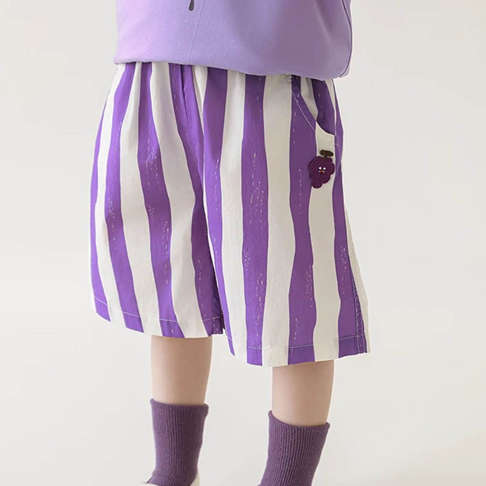 純棉腰鬆緊休閒短褲-拼色直條-葡萄