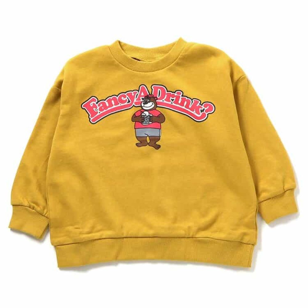 學院風印花縮口長袖上衣-熊熊-芥黃