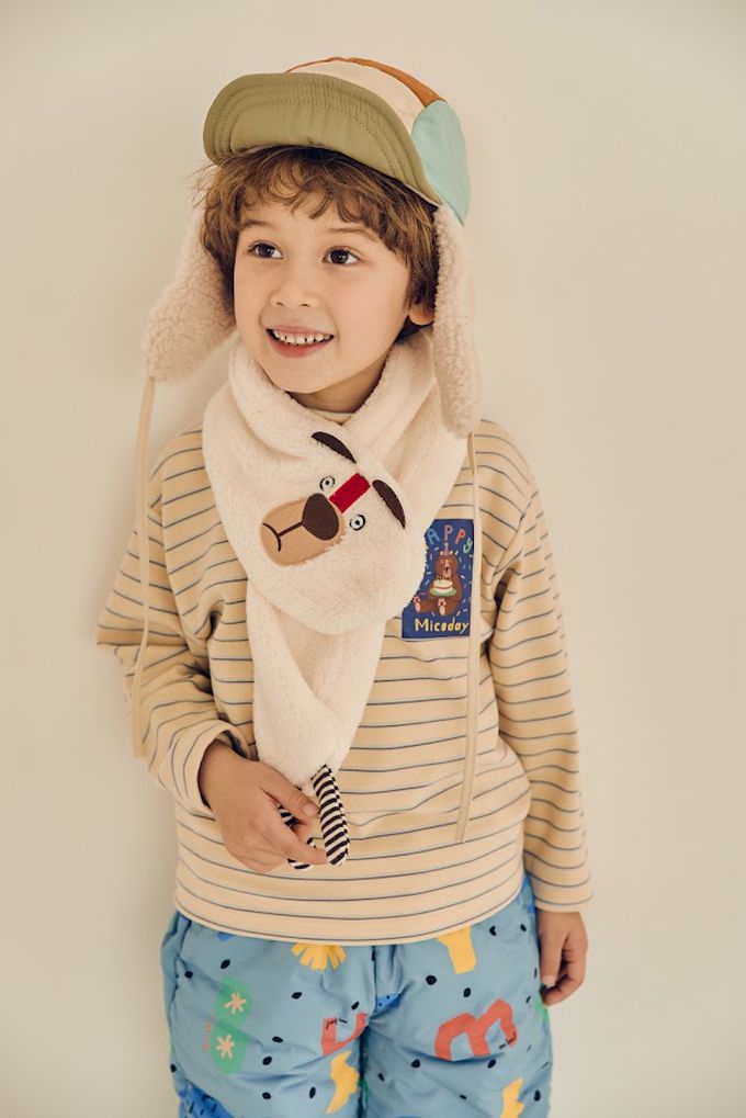 韓國 Mimico - 小領條紋長袖上衣-小熊生日-米杏