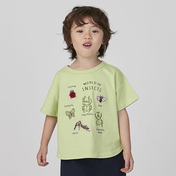 日本 petit main - [接觸冷感]昆蟲刺繡短袖上衣-黃綠