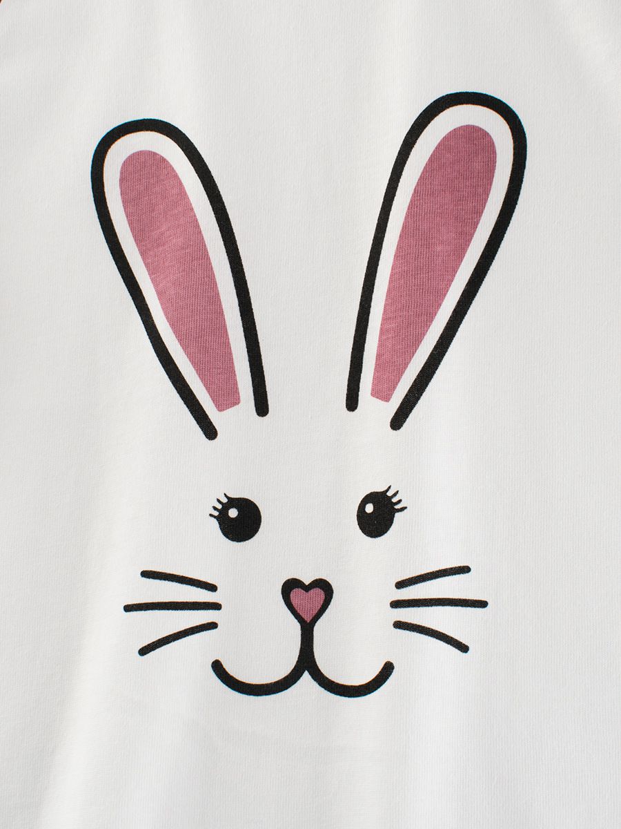 純棉圓領薄長袖上衣-兔兔臉-米白+深灰