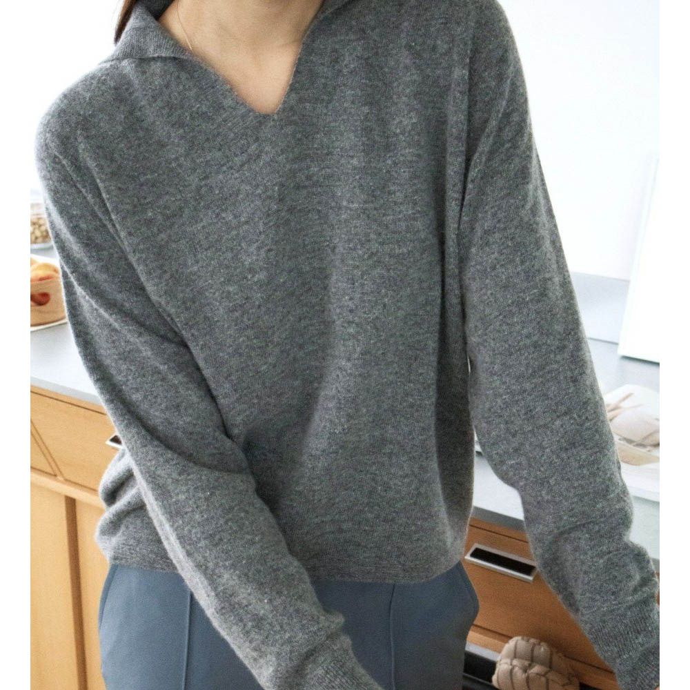 柔軟美麗諾羊毛無縫V字翻領長袖針織上衣-深灰 (FREE)