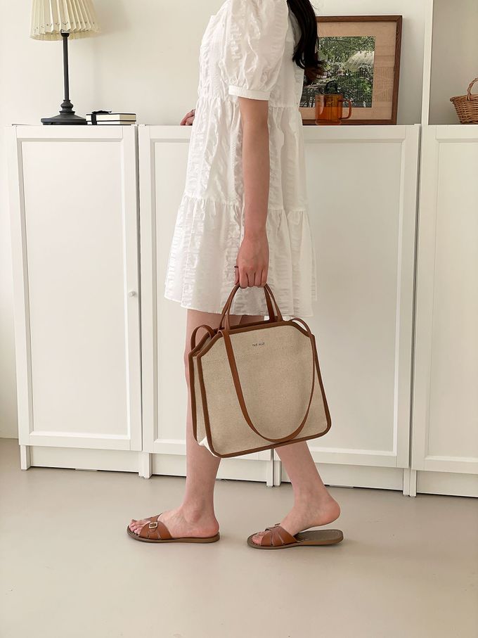 韓國 THEALLY - (附小袋)質挺帆布方包手提/肩背包-焦糖咖 (大)