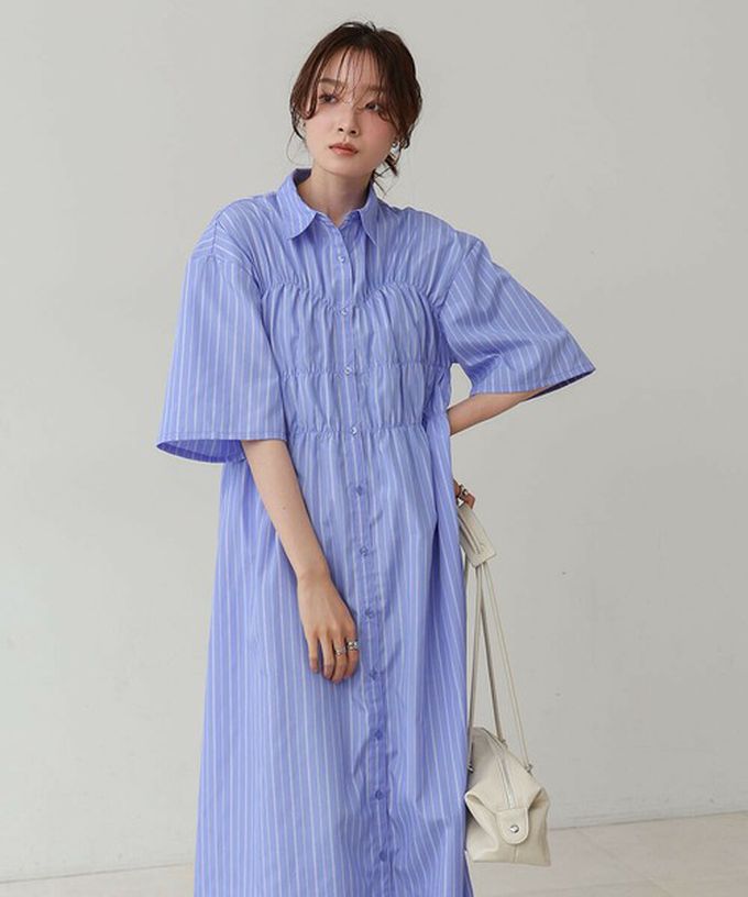 日本 Bab - 時尚抓皺襯衫式五分袖洋裝-條紋-象牙