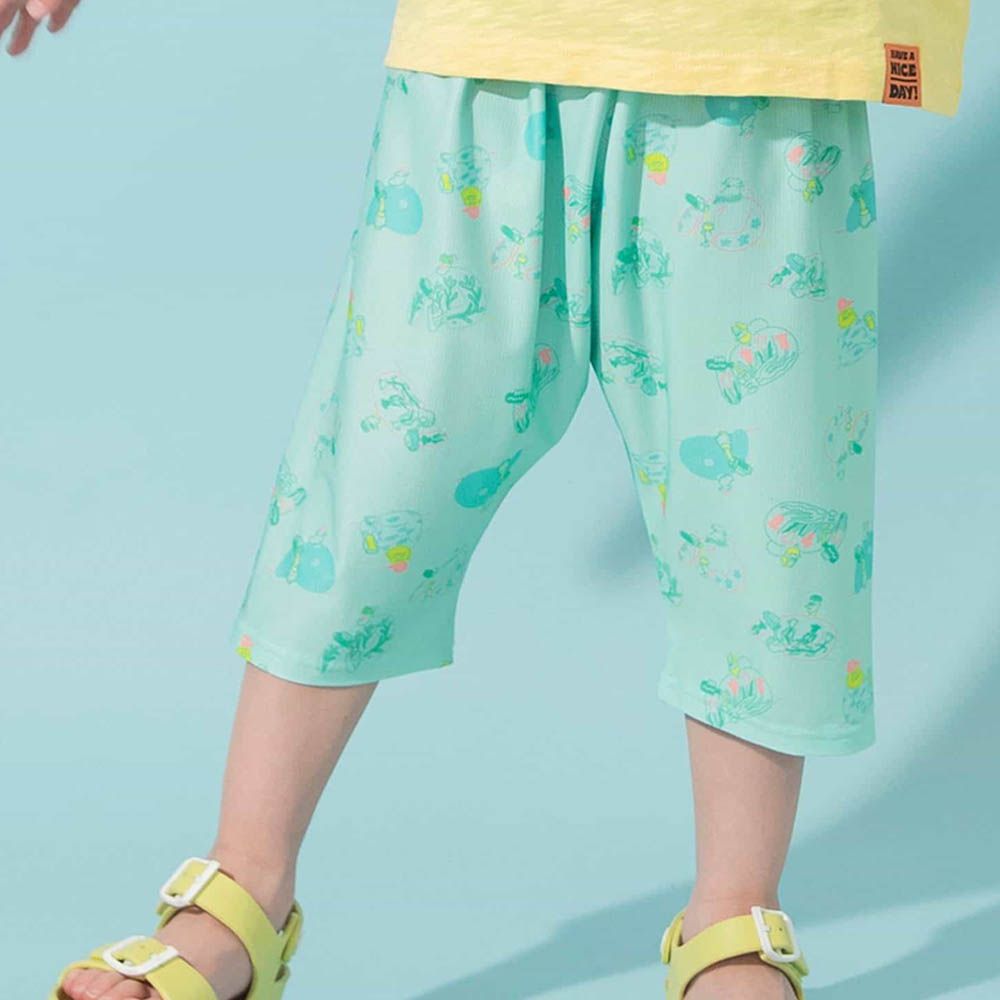 透氣舒適網眼印花七分褲-線條人物-水藍