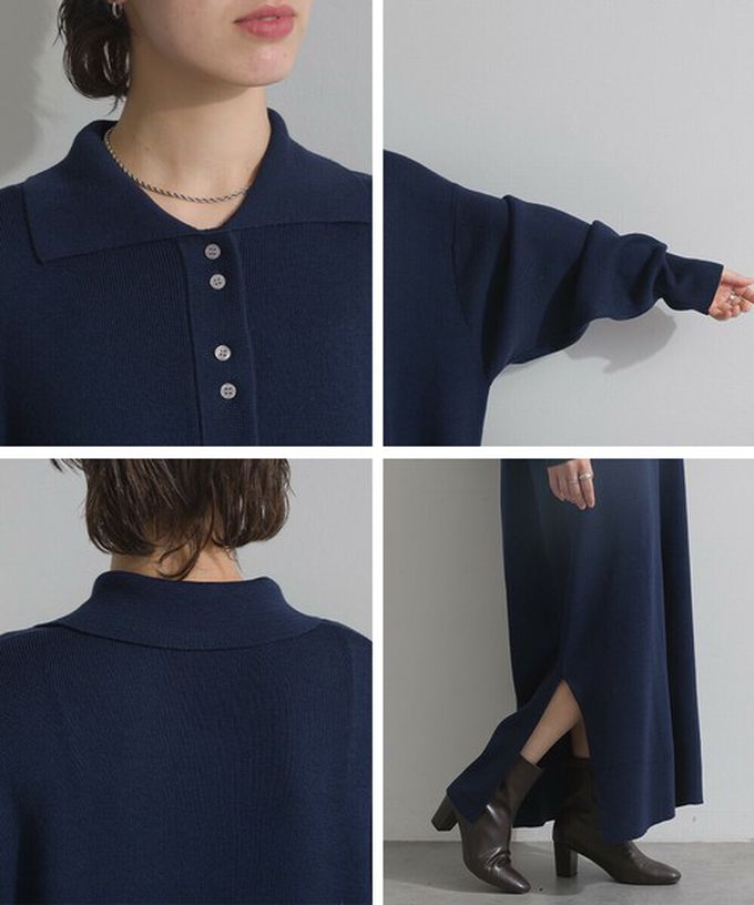 日本 Lupilien - 氣質排扣polo衫針織長袖洋裝-咖啡棕