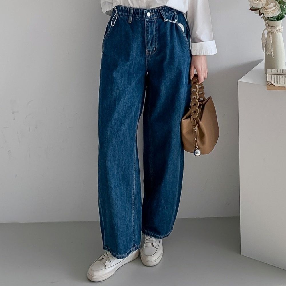 EDITION 彈性腰極簡丹寧彎刀褲/繭型褲-深藍