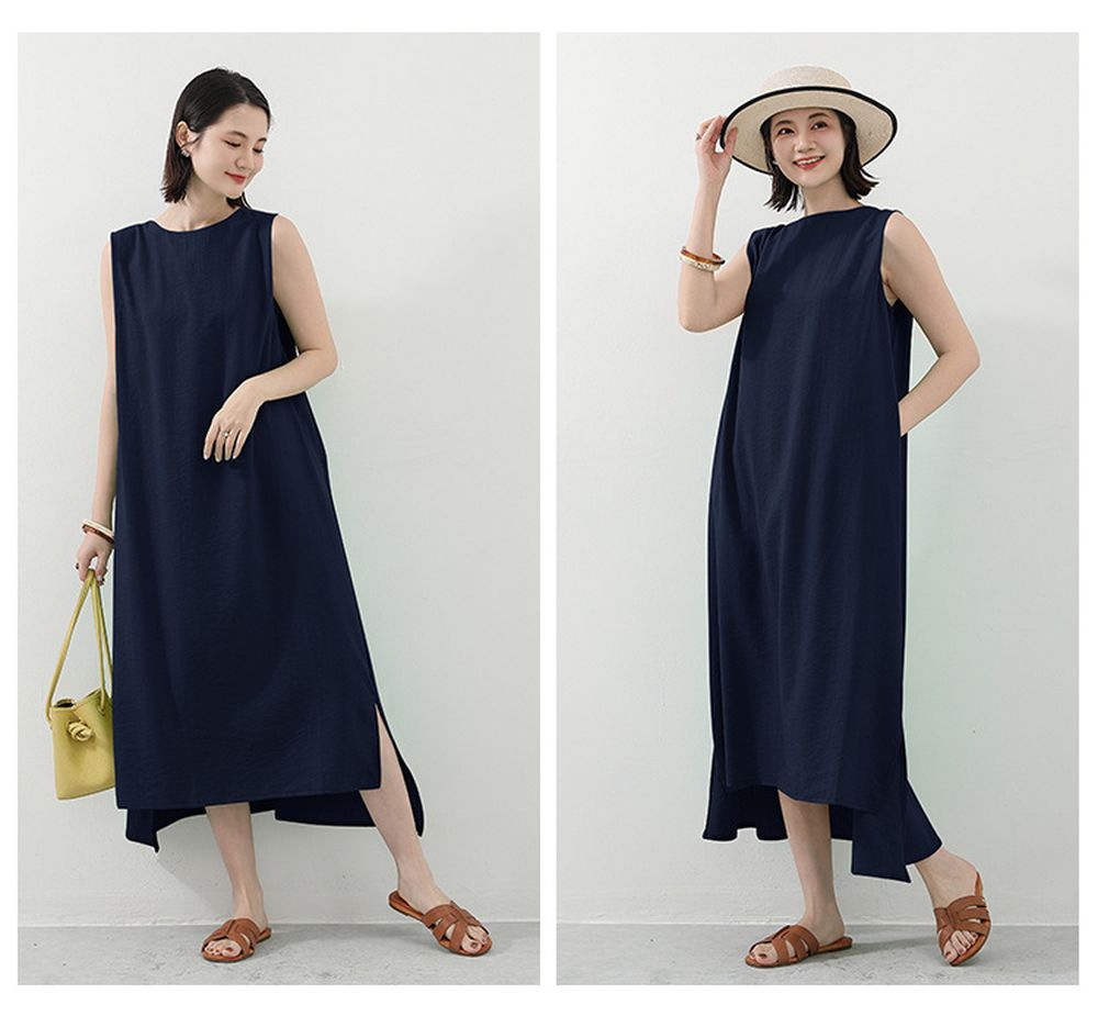 日系極簡風圓領百搭長洋裝-藏青色 (F)