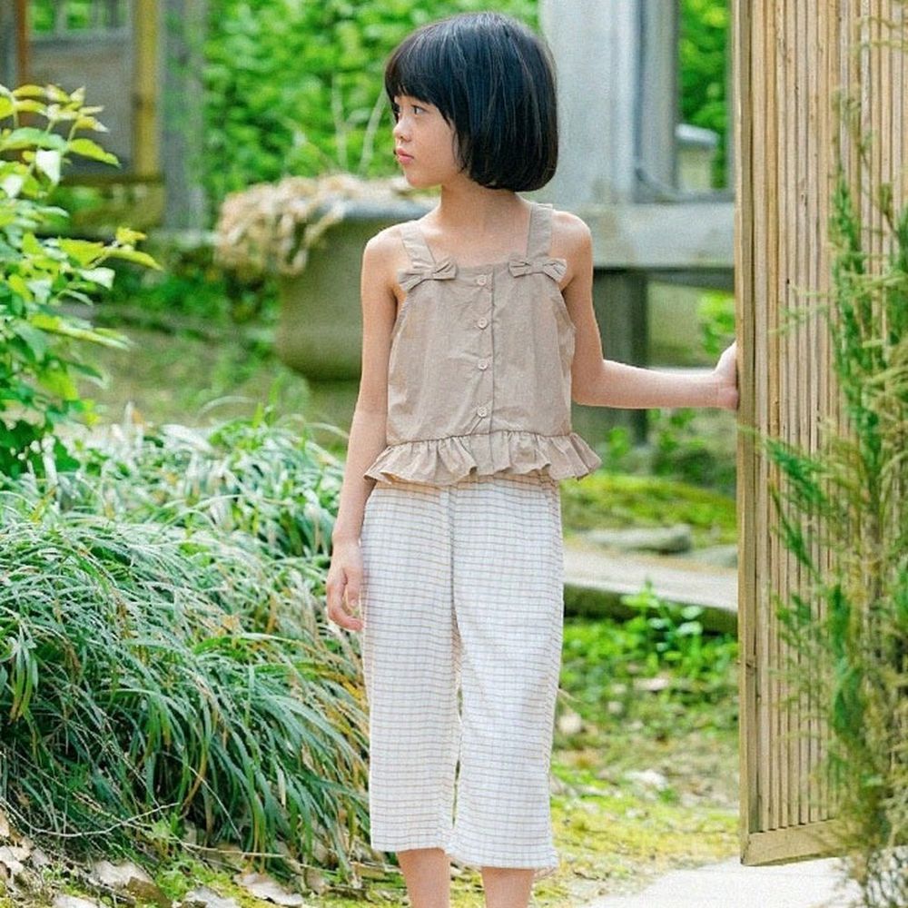 蝴蝶結點綴細肩帶上衣X直筒寬褲套裝-卡其棕X米