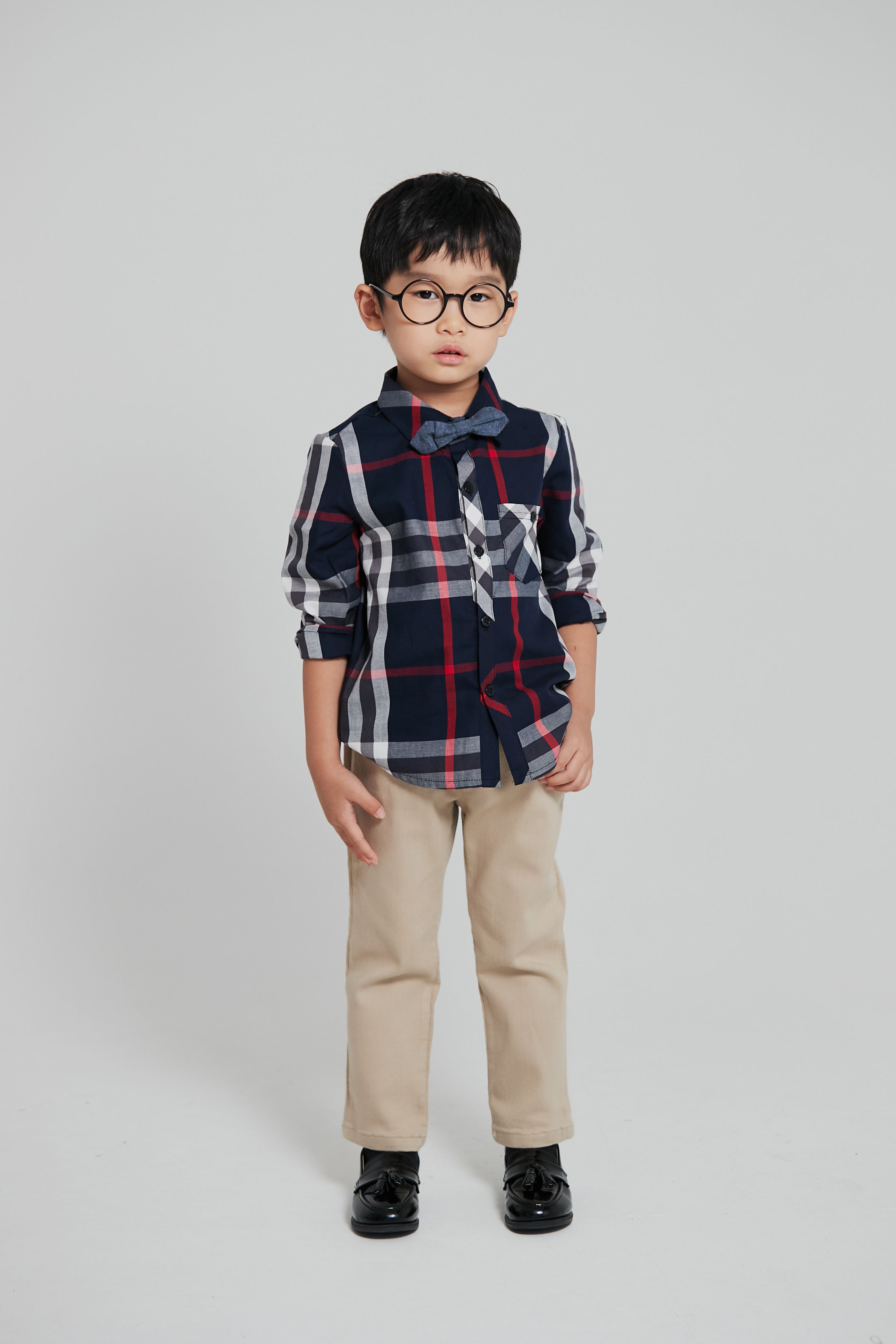 韓國 Coco Bang - 英式雙色格紋翻領長袖襯衫-深藍