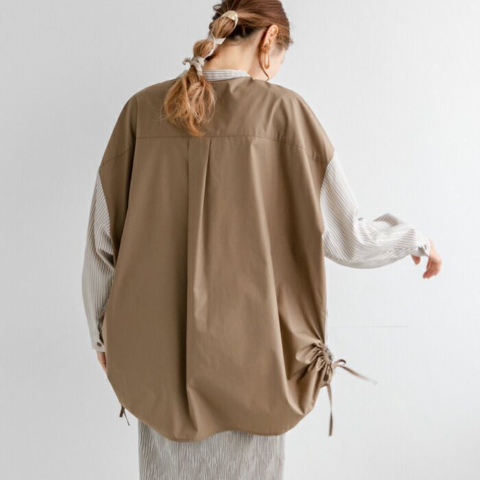 日本 ihuu - 側抽繩條紋撞色長袖襯衫-奶茶