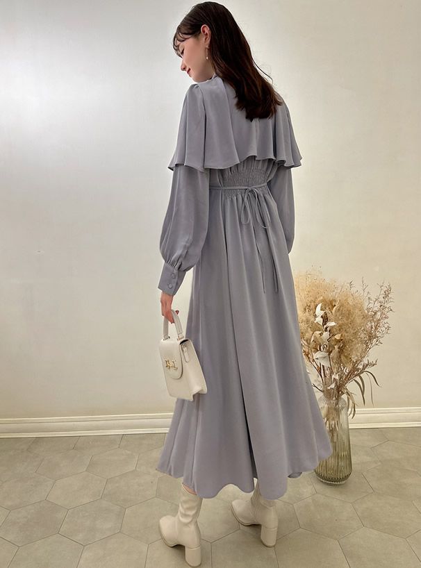 日本 GRL - 燭光晚餐斗篷領雪紡洋裝-寶貝藍