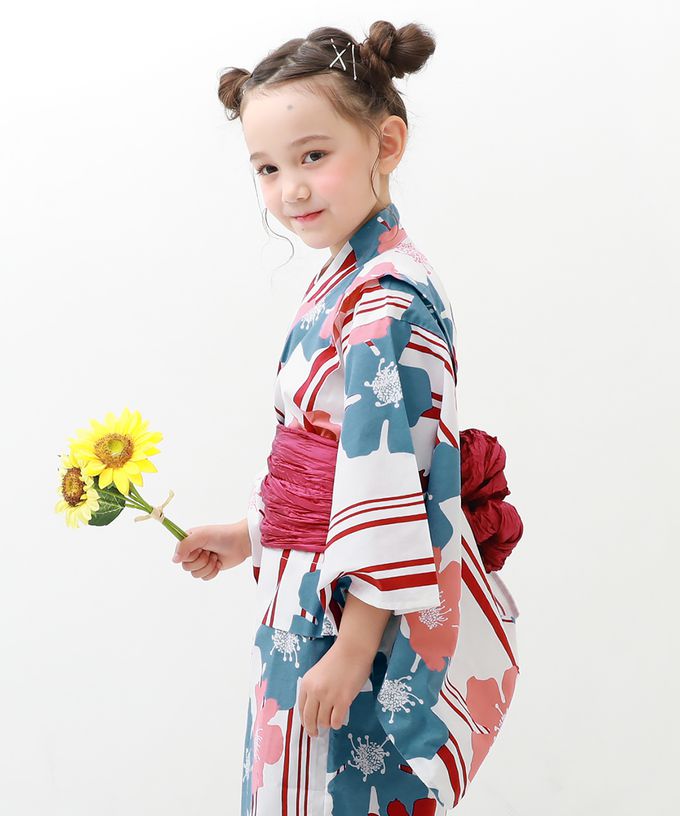 日本 devirock - 純棉夏日祭典花朵浴衣兵兒帶2件組-牡丹格紋-粉x綠