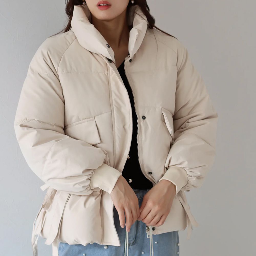 修身甜美側綁帶保暖科技羽絨外套-米