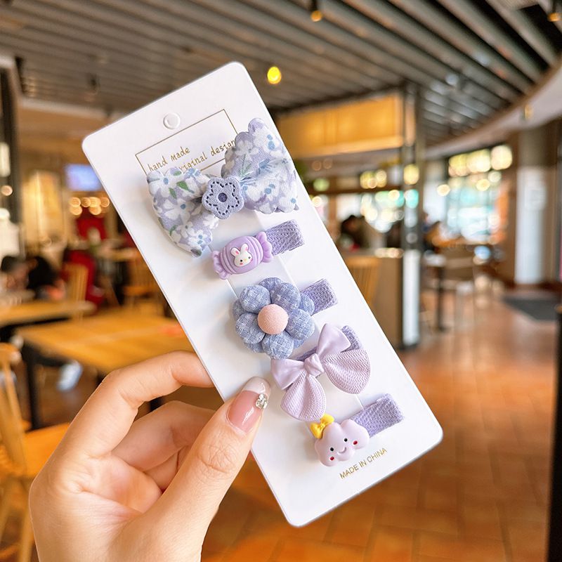 甜美可愛布藝髮夾(五入組)-碎花+糖果兔兔-紫色