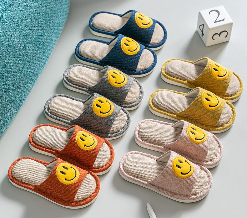 兒童亞麻室內拖鞋-笑臉-淺粉