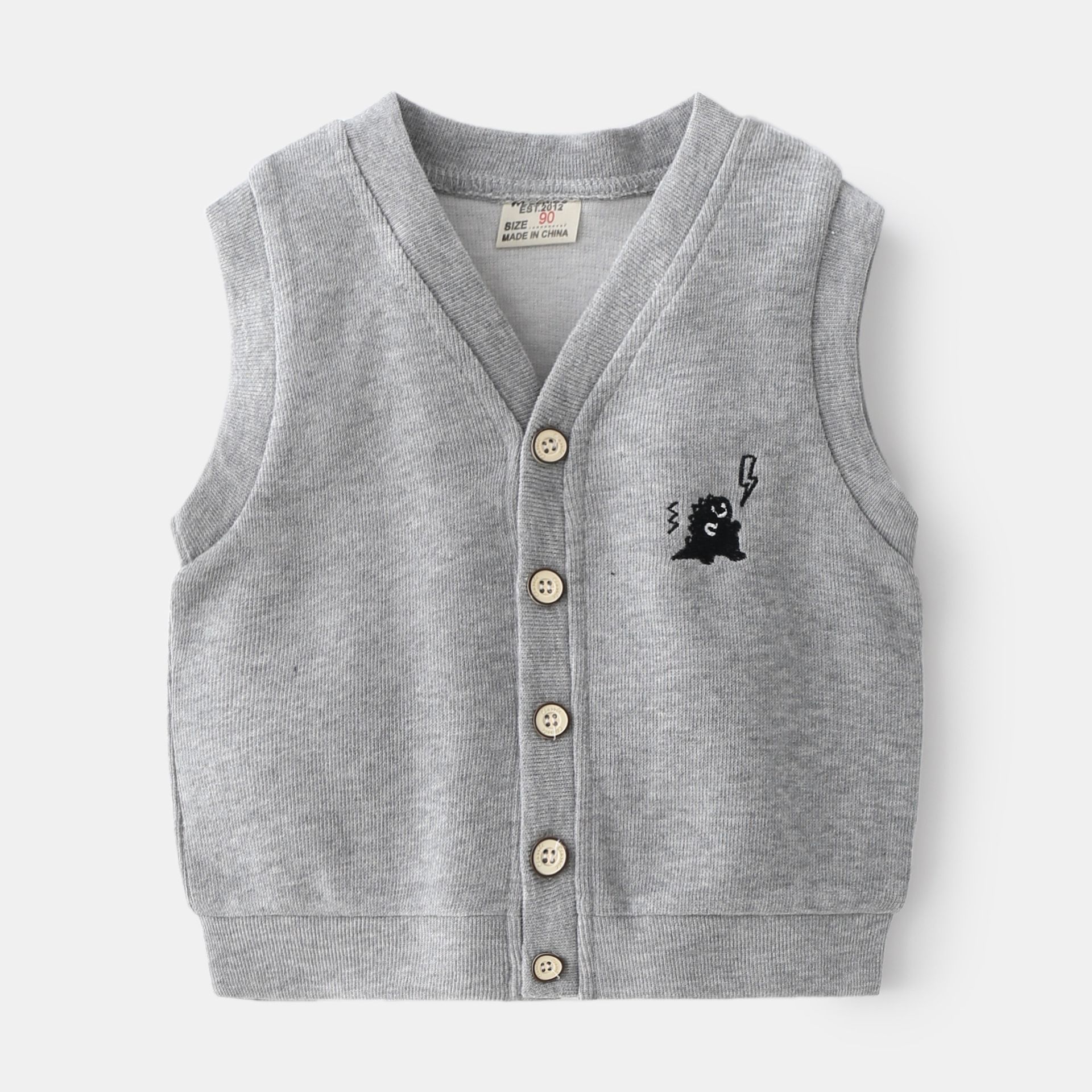 WELLKIDS - V領針織開衫背心-恐龍刺繡-藍色