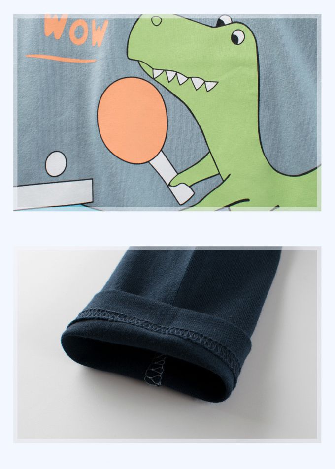 純棉長袖上衣-恐龍打桌球-藍+黑