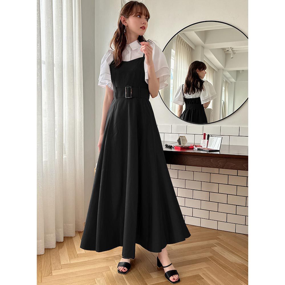 日本 GRL - 優雅修身寬腰帶吊帶裙/洋裝-經典黑