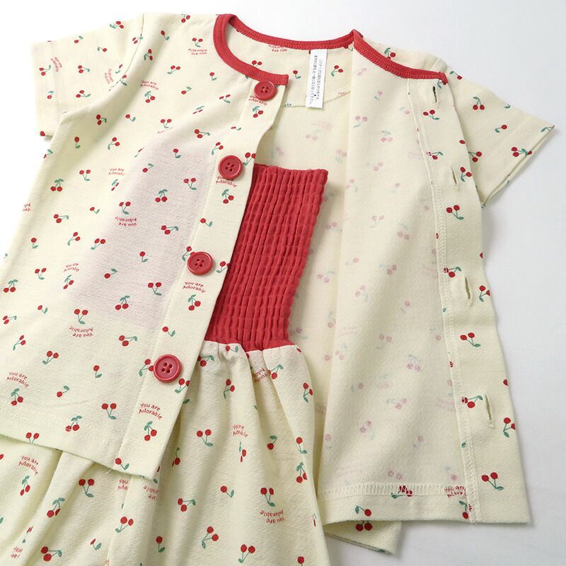 日本 ZOOLAND - 天竺棉鈕扣式腹卷短袖家居服/睡衣-櫻桃-奶油杏