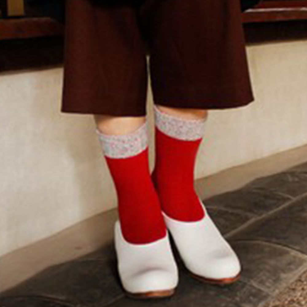 日本女裝代購 - 日本製 羊毛混紡撞色保暖中筒襪-活力紅 (23-25)