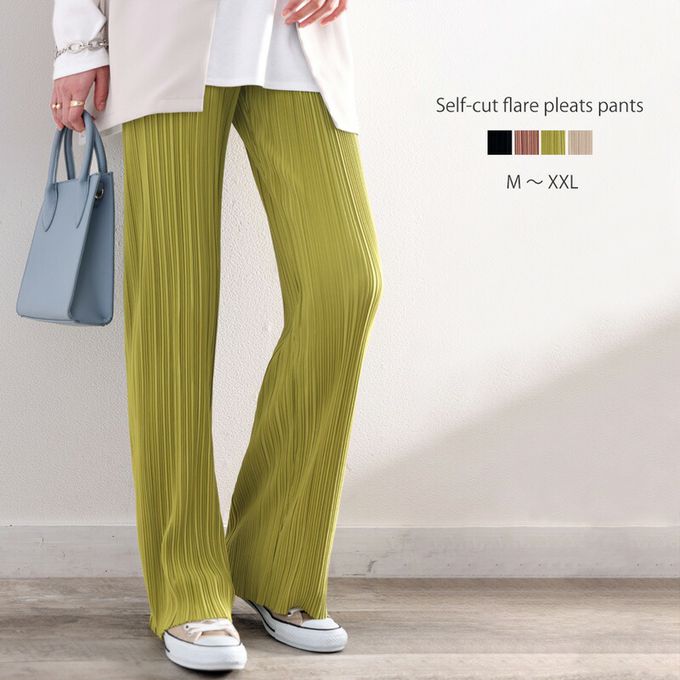 日本 Classical Elf - 光澤感細褶垂墜感長褲-酪梨綠
