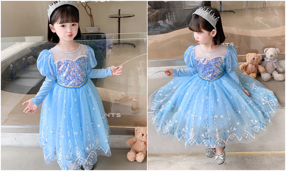 閃亮冰雪女王長袖洋裝-藍色