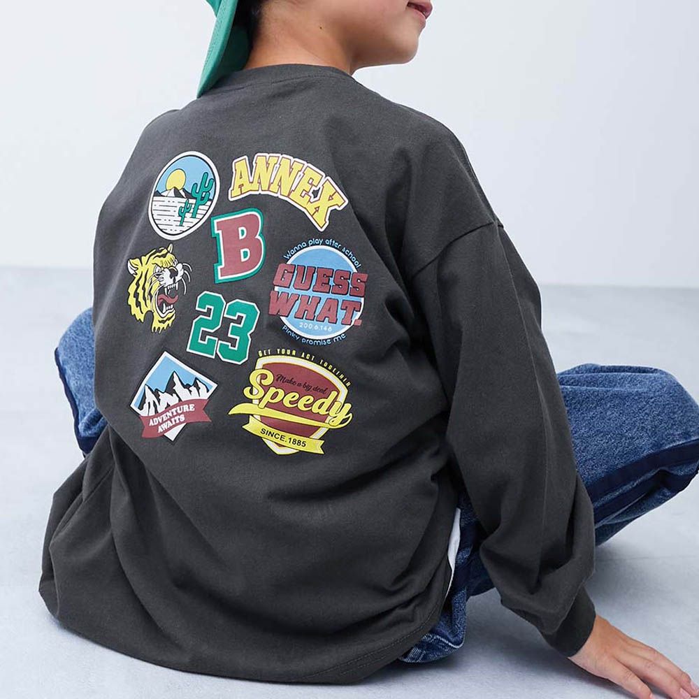 100%棉 定番印花寬版長袖上衣-個性補丁-黑